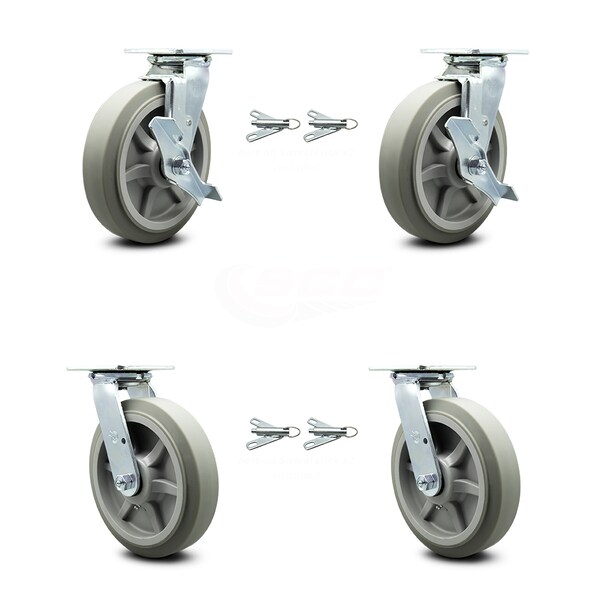 Service Caster 8 Inch Thermoplastic Rubber Caster Set with Ball Bearings 4 Swivel Lock 2 Brake SCC-30CS820-TPRBF-TLB-BSL-2-BSL-2 - main